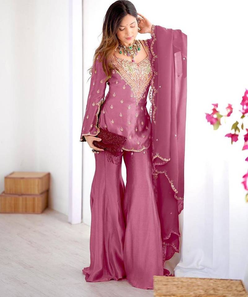 Mauve silk short kurti and gharara set with heavy neckline embroidery