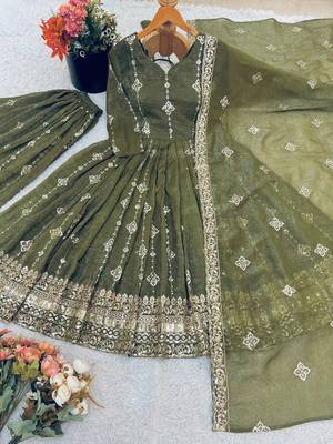 olive green silk anarkali suit  2