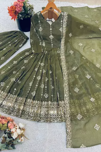 olive green silk anarkali suit 