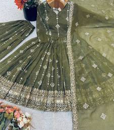 Olive green silk anarkali suit with sequin borders and matching dupatta