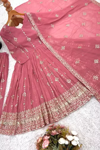 royal blush pink silk anarkali set 