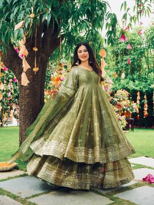 olive green silk anarkali suit  3