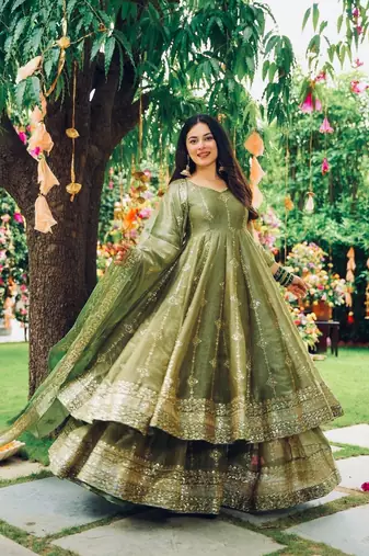 olive green silk anarkali suit 