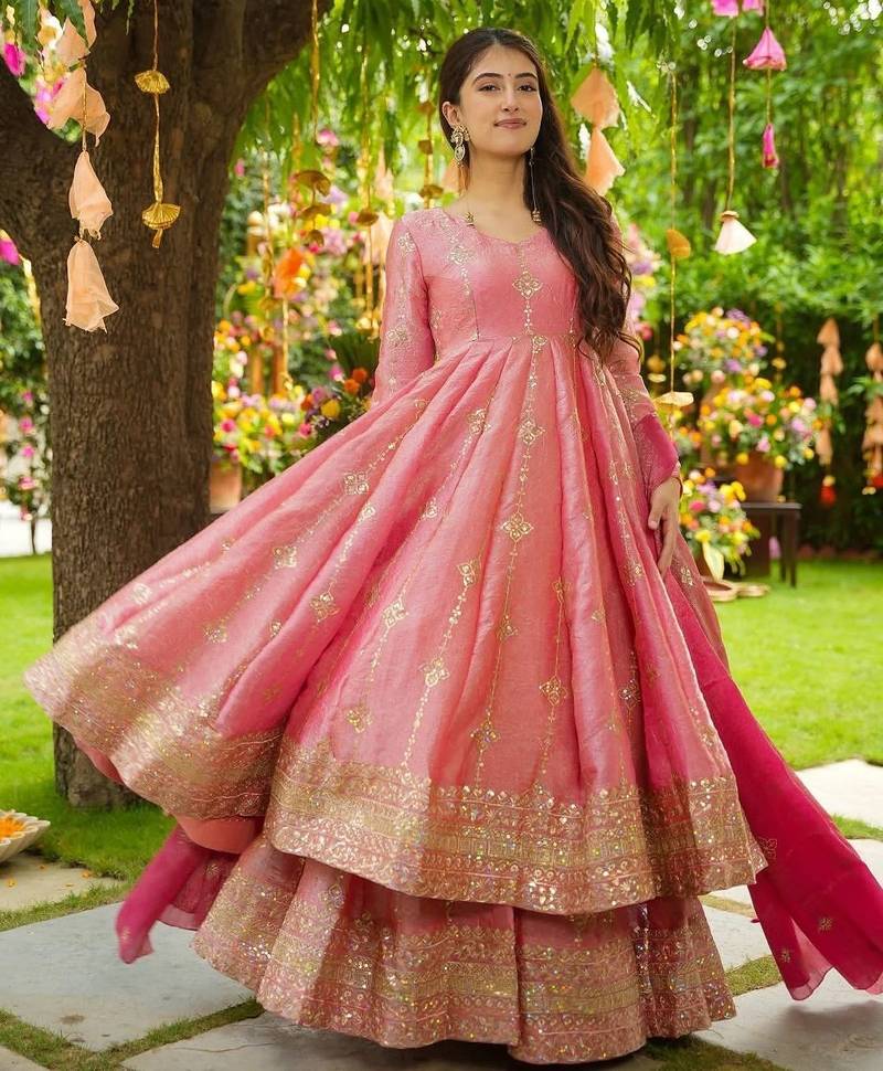 Royal blush pink silk anarkali set with intricate gold zari work