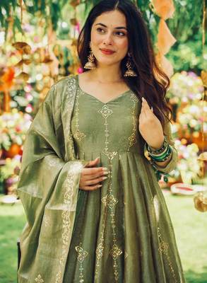 olive green silk anarkali suit  4