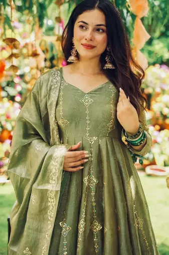 olive green silk anarkali suit 