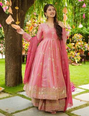 royal blush pink silk anarkali set  3