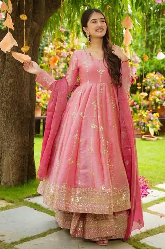 royal blush pink silk anarkali set 