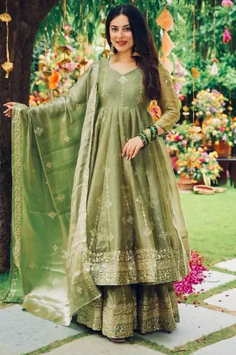 Olive green silk anarkali suit with sequin borders and matching dupatta