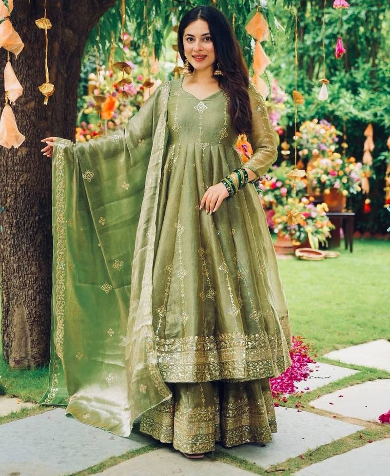 Olive green silk anarkali suit with sequin borders and matching dupatta