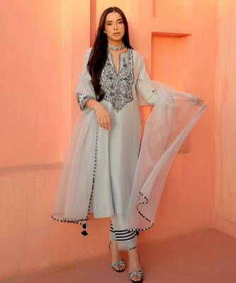 pastel blue embroidered straight kurta 1