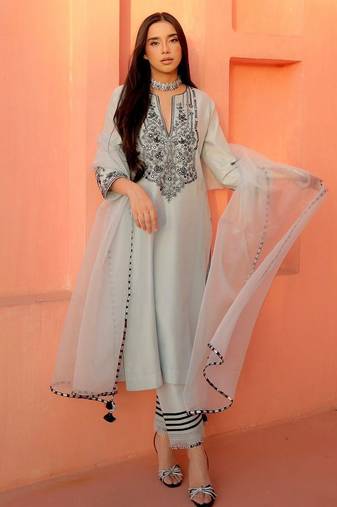 Elegant pastel blue hand-embroidered straight kurta with organza dupatta