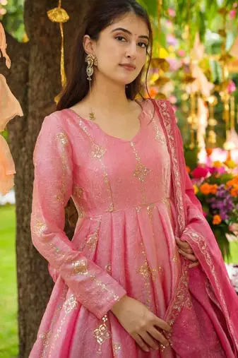 royal blush pink silk anarkali set 
