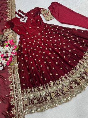 maroon embroidered anarkali gown 1