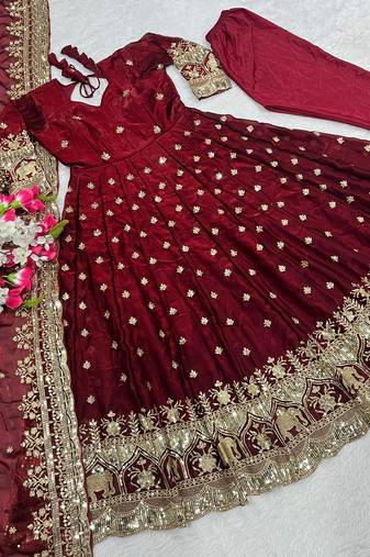 maroon embroidered anarkali gown