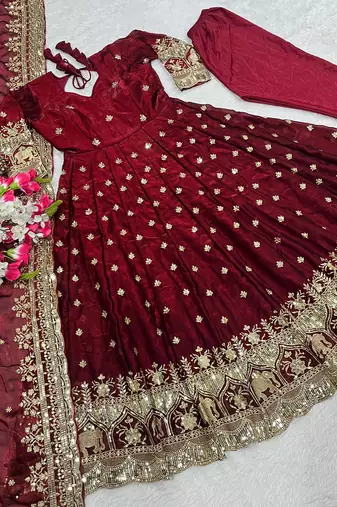 maroon embroidered anarkali gown