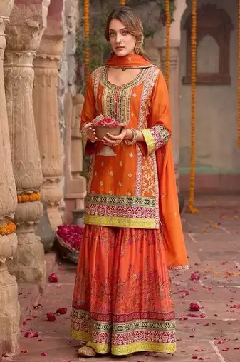 orange festive kurta and skirt set