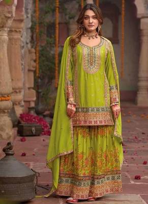 lime green embroidered straight kurta set 1