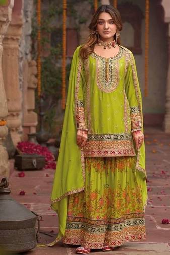 Lime green embroidered straight kurta set for women