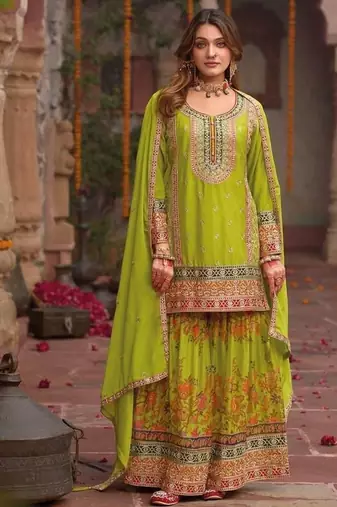 Lime green embroidered straight kurta set for women