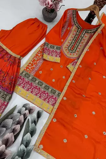 orange festive kurta and skirt set