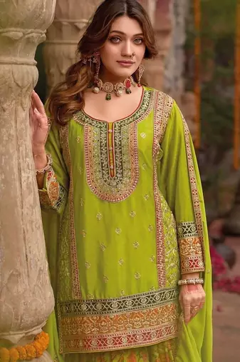 lime green embroidered straight kurta set