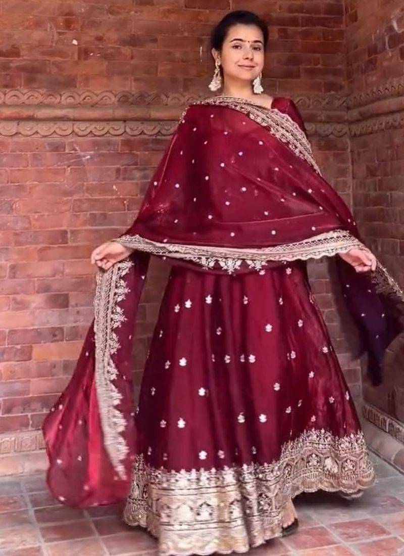 Maroon embroidered anarkali gown for women