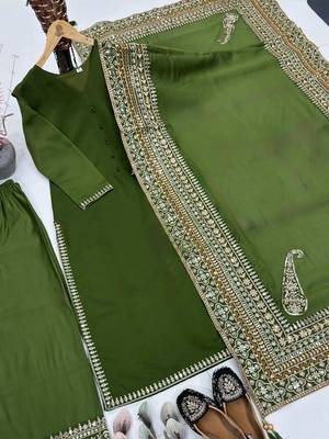 elegant olive green crepe silk straight-cut suit  2