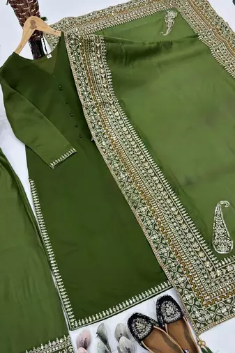 elegant olive green crepe silk straight-cut suit 