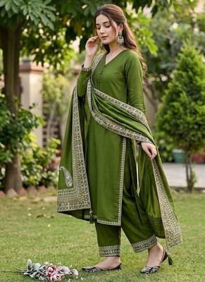 elegant olive green crepe silk straight-cut suit  1