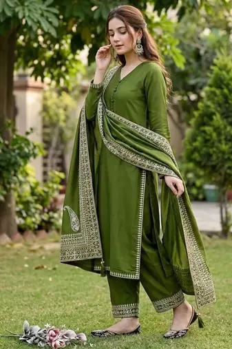 Elegant olive green straight-cut suit with detailed gold border accents