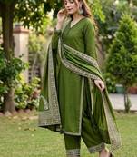 elegant olive green crepe silk straight-cut suit 