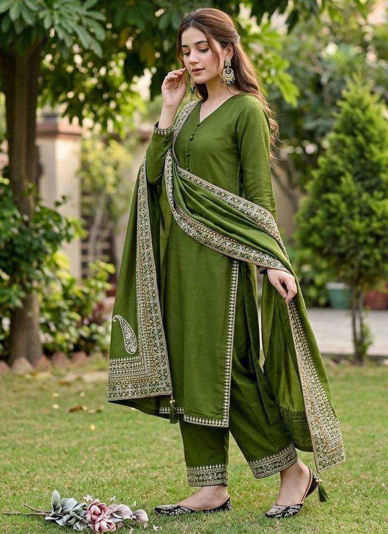 elegant olive green crepe silk straight-cut suit 