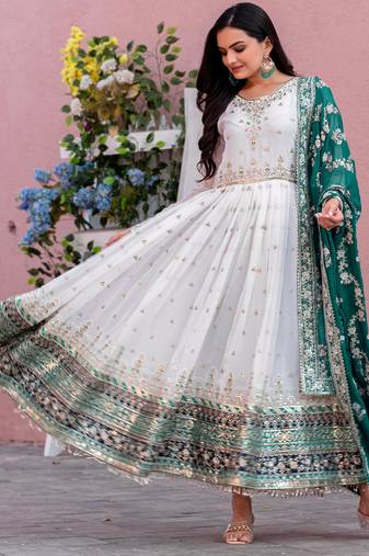 elegant white anarkali embroidered suit 