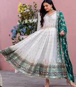 Elegant white anarkali suit with green embroidered dupatta