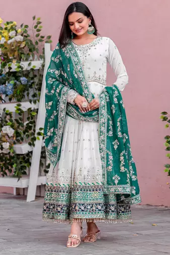 elegant white anarkali embroidered suit 