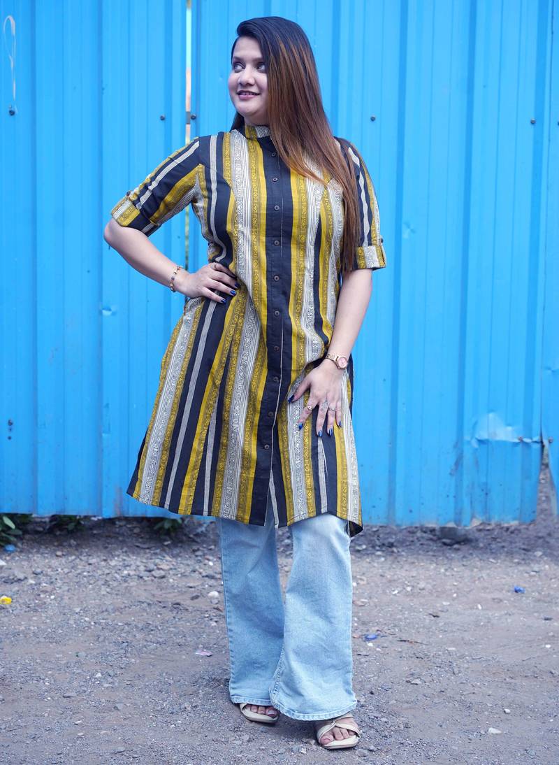 Mustard & Black Striped Bagru Handblock Kurta