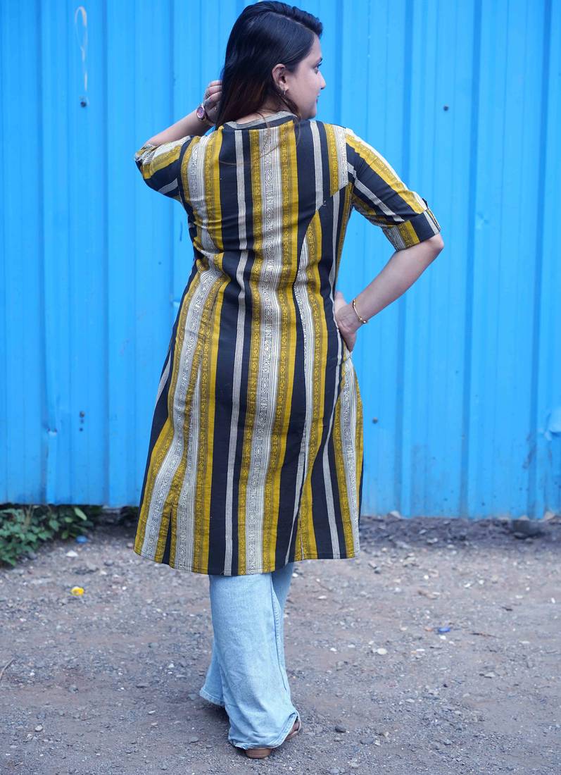Mustard & Black Striped Bagru Handblock Kurta