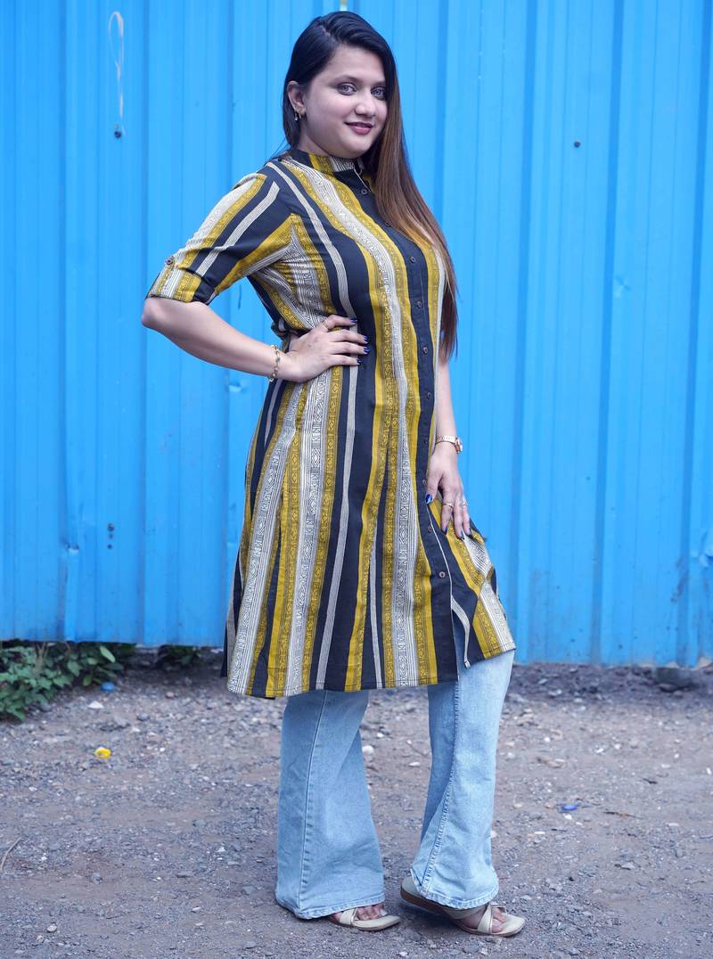Mustard & Black Striped Bagru Handblock Kurta