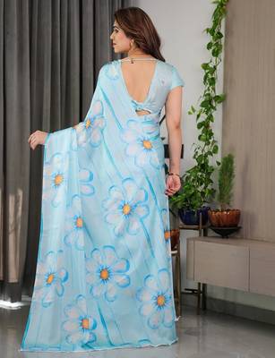Women's satin georgette floral printed saree with blouse piece 5