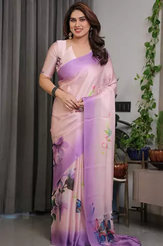 Elegant floral printed satin georgette saree with attached blouse