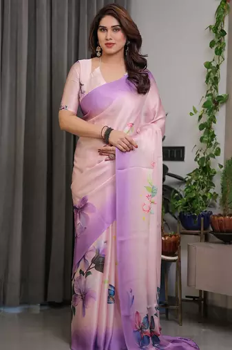 Elegant floral printed satin georgette saree with attached blouse