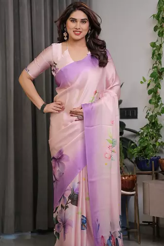 Elegant floral printed satin georgette saree with attached blouse