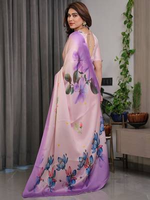 Elegant floral printed satin georgette saree with attached blouse 4