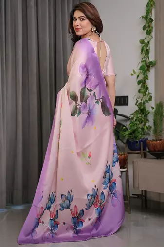 Elegant floral printed satin georgette saree with attached blouse