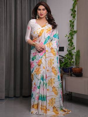 Trendy women's satin georgette printed saree with floral design 1