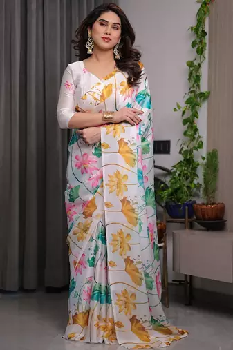Trendy women's satin georgette printed saree with floral design