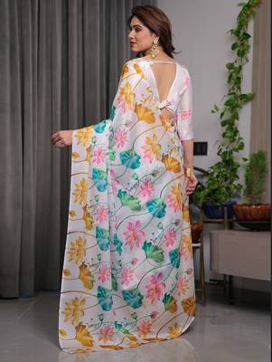 Trendy women's satin georgette printed saree with floral design 4