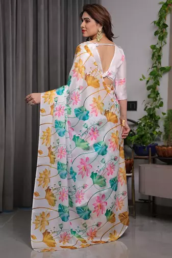 Trendy women's satin georgette printed saree with floral design