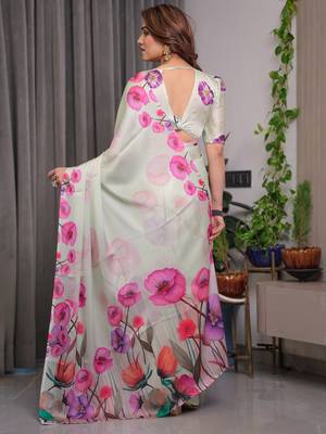 Stylish floral pattern satin georgette saree with blouse piece 4